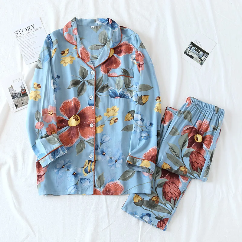 Spring/Summer New Pajamas Set Women Cotton Silk Long Sleeve Sleepwear Ladies Thin Rayon Loose Fashion Homewear Two Piece Summer