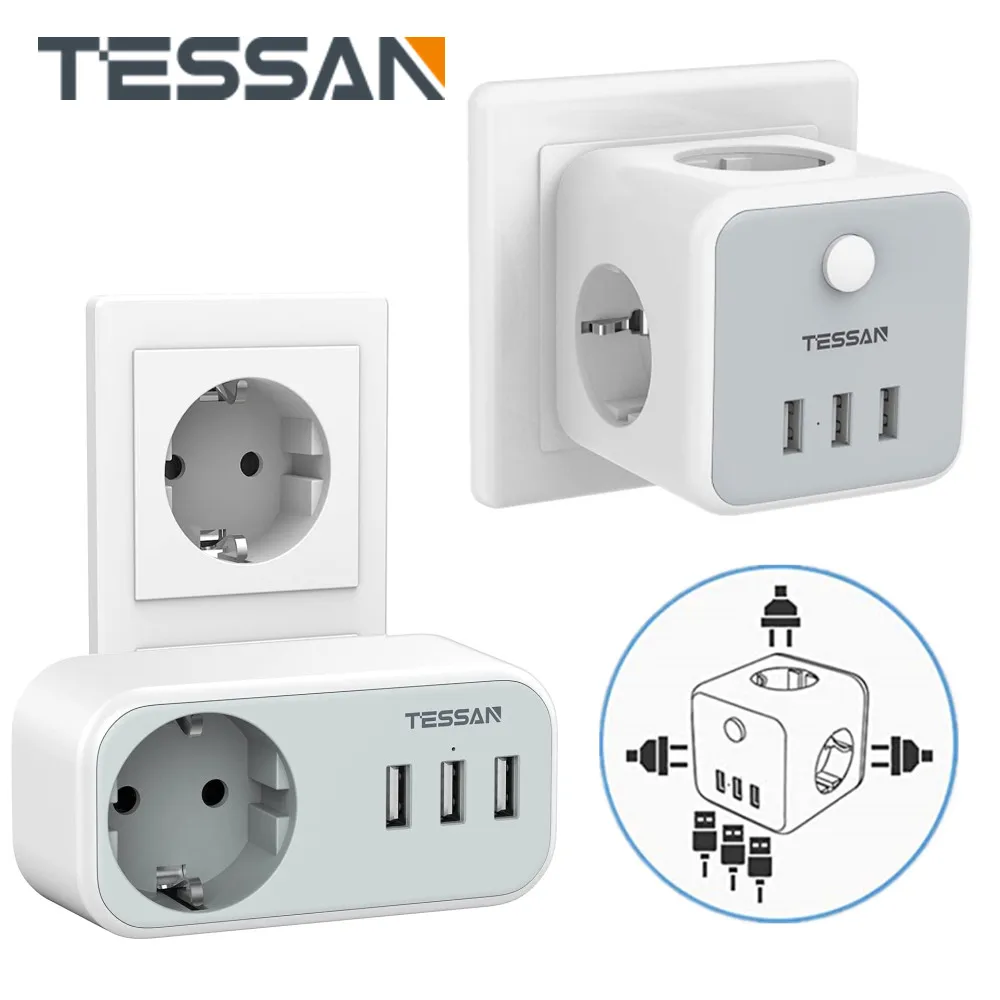 

TESSAN EU Electrical Socket Power Strip Cube With 3 USB Ports and 3 AC Outlets Wall Charger Extender Adapter With On/Off Switch