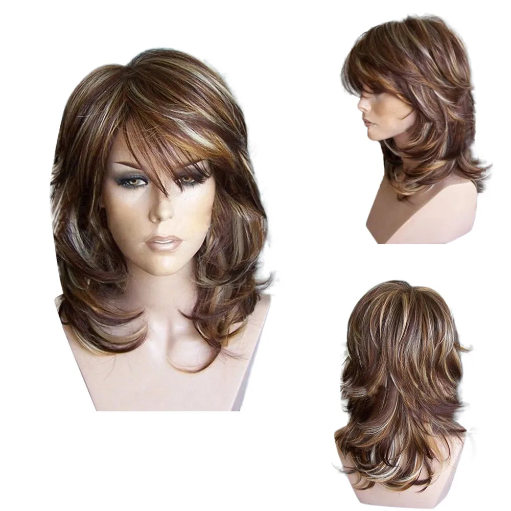 

Medium Side Bang Highlighted Layered Slightly Curled Synthetic Wig Womens Hair with Side Bangs for Women Heat Resistant New