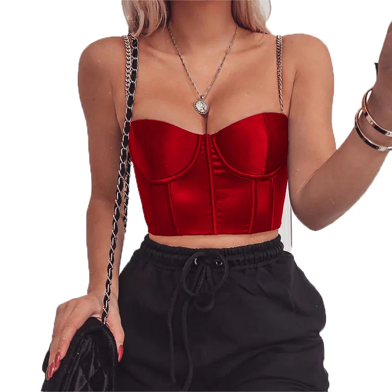 Summer Crop Top Women Sexy Bustier Top Blackless Chain Strap Padded Cropped Casual Satin Black Crop Tops Clothes 2021 Tank Top