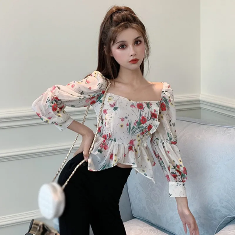 

2020 New Women Korean Shirt Summer Woman Tops Women's Fashion Floral Square Collar Sexy Sweet Long Sleeve Shirt Blouses