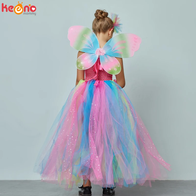 Платье-пачка с радужными бабочками для девочек крыльями и повязкой на голову