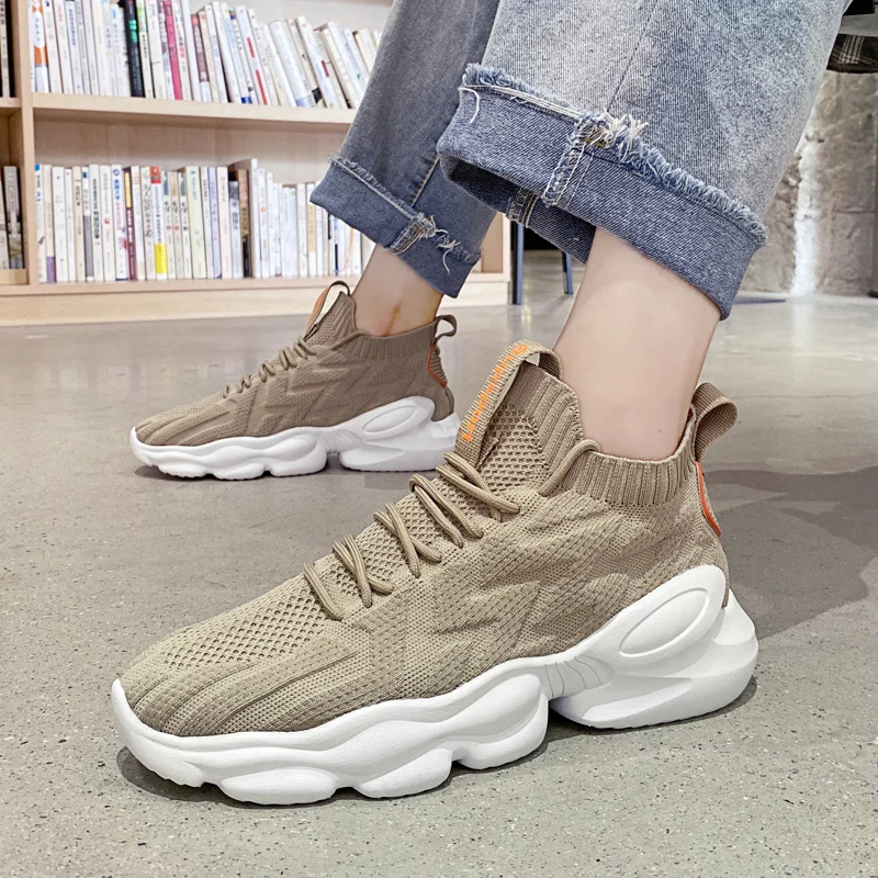 

New trendy shoes, breathable, flying woven high-top shoes, simple, versatile and comfortable sports knitted mesh stretch shoes