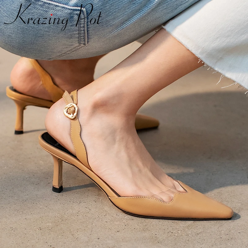 

Krazing Pot 2021 new big size cow leather elegant high heels back strap summer shoes brand vacation concise women sandals L73