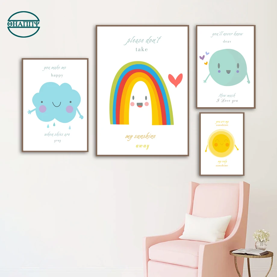 

Cartoon Cloud Rainbow Sun Moon Nursery Wall Art Canvas Painting Nordic Wall Pictures For Living Room Decor Unframed