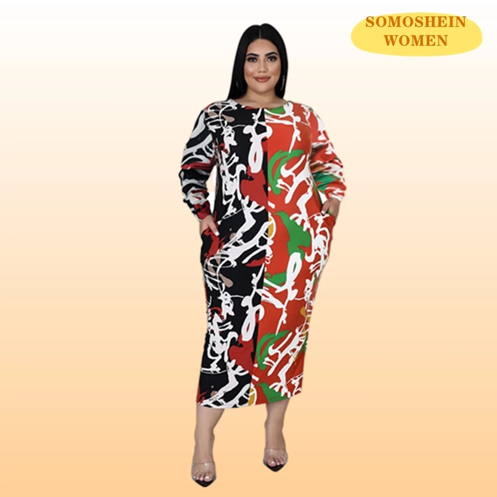 

Somoshein Plus Size Women Clothing XL-5XL Patchwork Print Boho Bodycon Dresses Long Sleeve O-neck Fall Clothes Basic Mini Dress