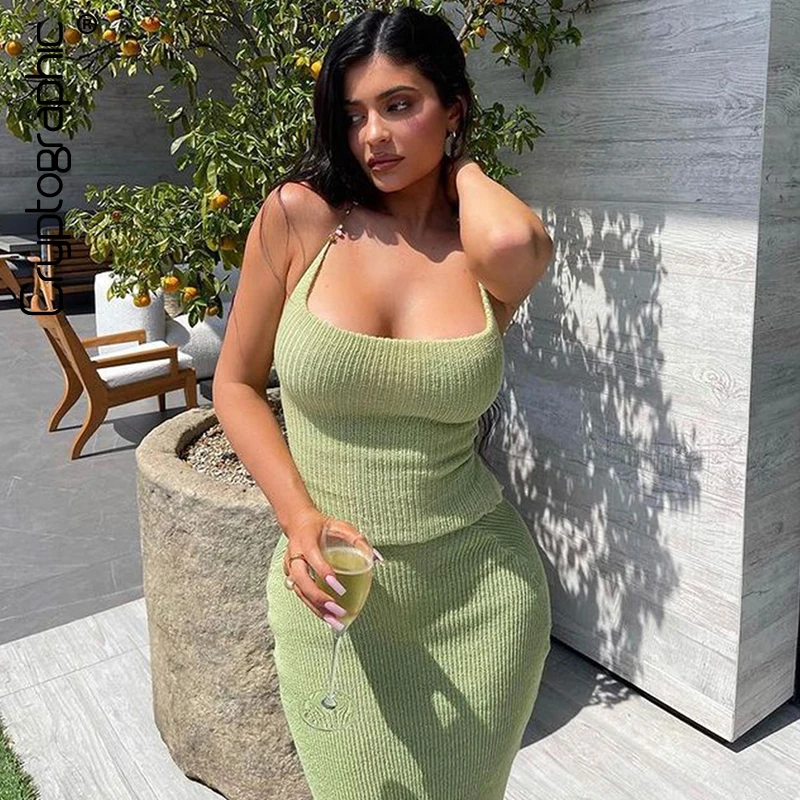 Cryptographic/Модный трикотажный комплект из топа и платья с цепочкой Комплекты 2