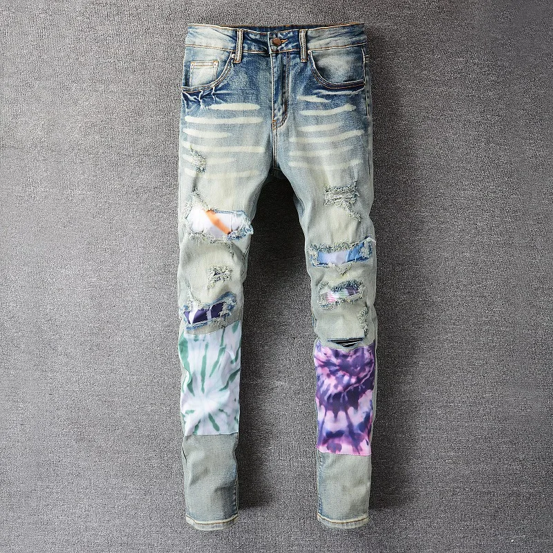 New Men's Stitching Color Jeans Casual Slim Fashion Personality High Street Style Beggar Ripped Patch Skinny Jeans Plus Size 40