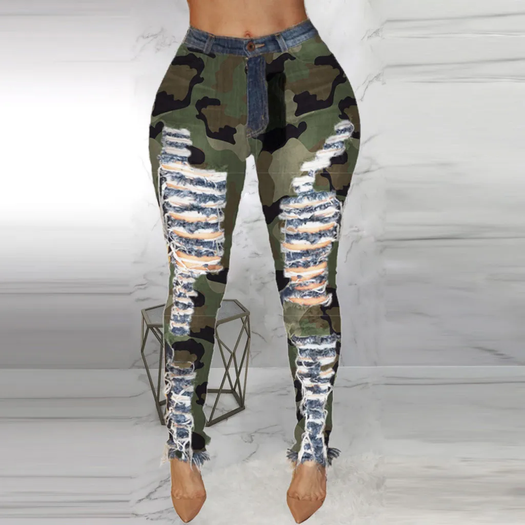 Джинсы женские камуфляжные с завышенной талией повседневные облегающие штаны из
