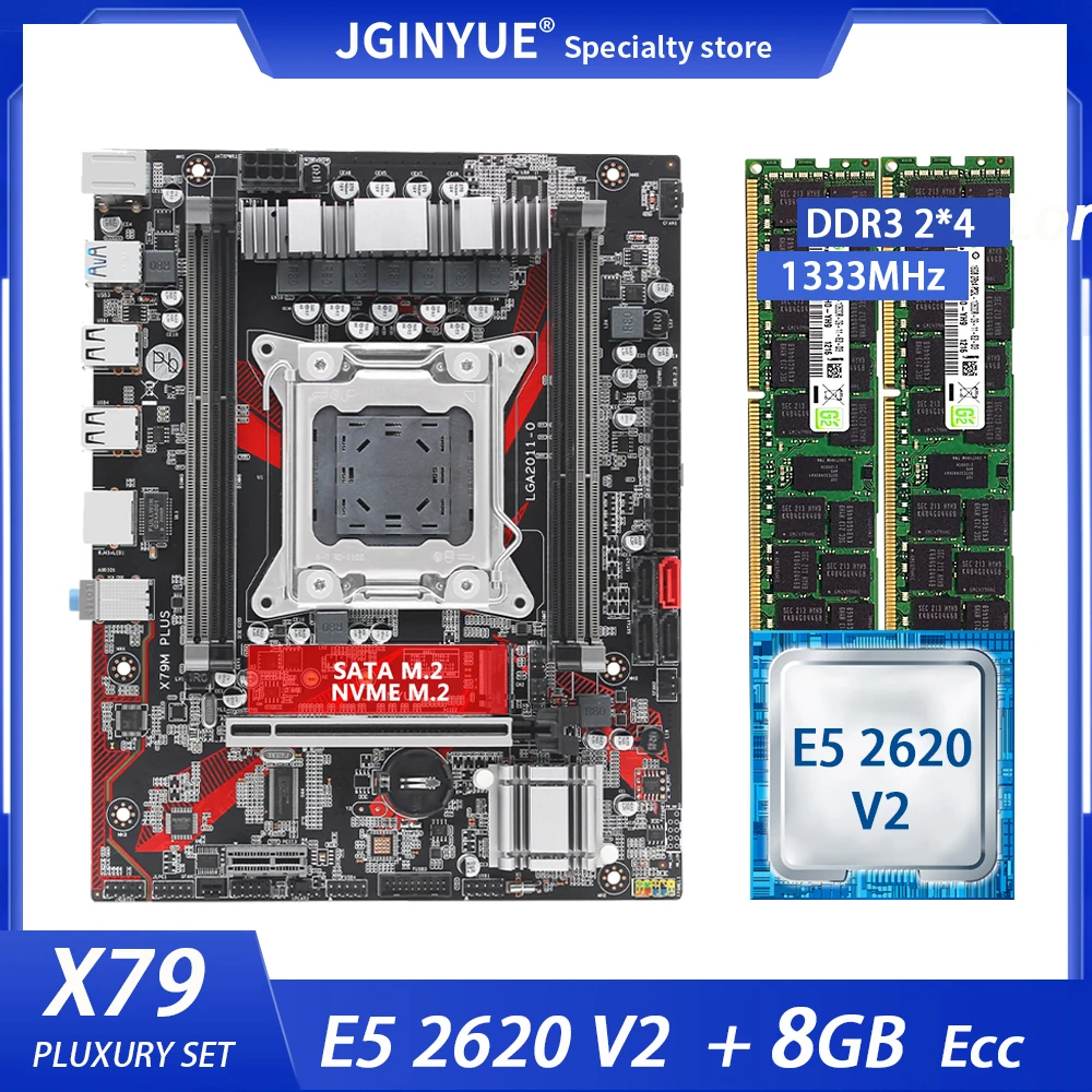 

Комплект материнской платы JGINYUE X79, LGA 2011, с процессором Xeon E5 2620 V2, DDR3 ECC 8 Гб (2*4 Гб), ОЗУ, память NVME M.2 X79M PLUS