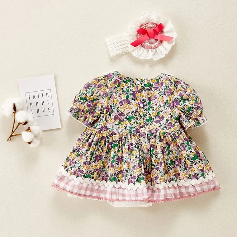 

Lolita Tracksuit Floral Princess Rompers One Piece Dresses for Girls Head Belt baby girl clothes Newborns Babies Accessories