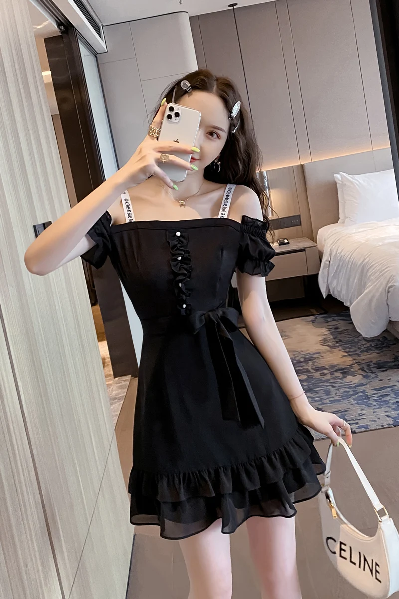 

Women Pure color boat neck Dress Off Shoulder Mini Dress Summer students falbala Pencil Dress