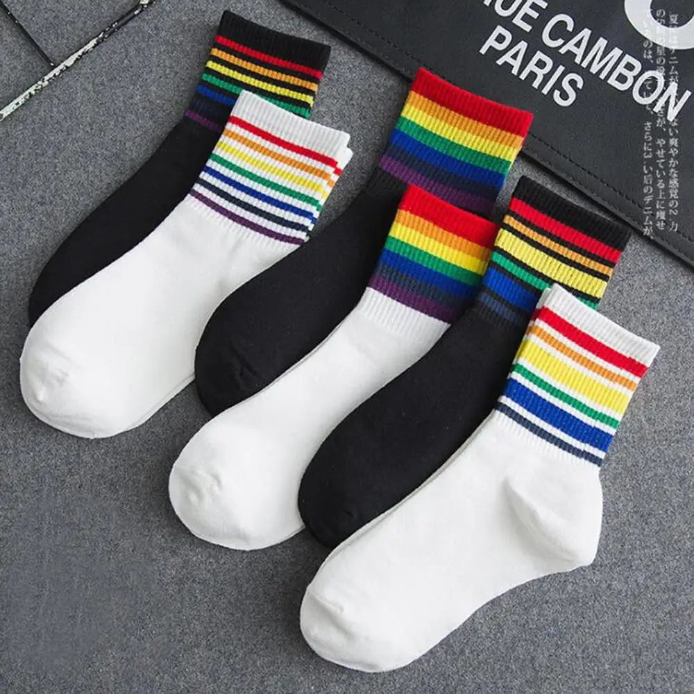 

Rainbow Socks Woman Cotton White Sock Women Colorful Striped Ladies Hiphop Style Fashion Harajuku Skateboard Sporty