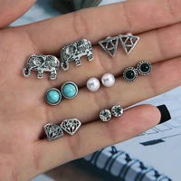 7 pairsset new vintage pearl crystal elephant earrings for women boho round resin stud earrings 2020 brincos female fashion