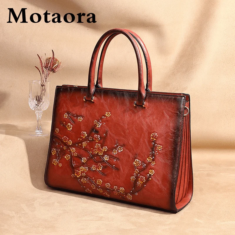 motaora vintage embossed women shoulder bag leather top handle bags ladies large capacity messenger bags floral female tote bag free global shipping