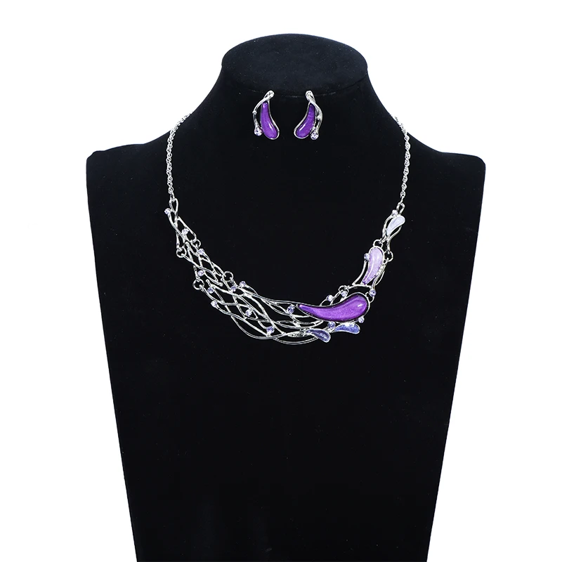 

Fashion Silver Chain Purple Resin Necklace and Earring For Women Wedding Jewellery set Bridal Jewelry