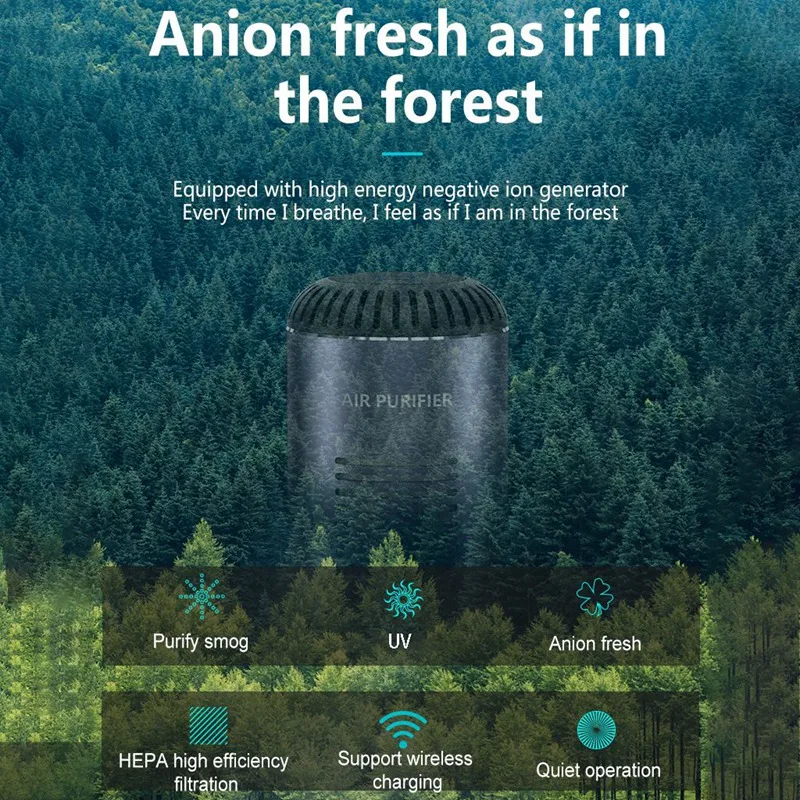 

Car Air Purifier with HEPA Filter Portable Cleaning Negative Ions Cleaning Support Wireless Charging