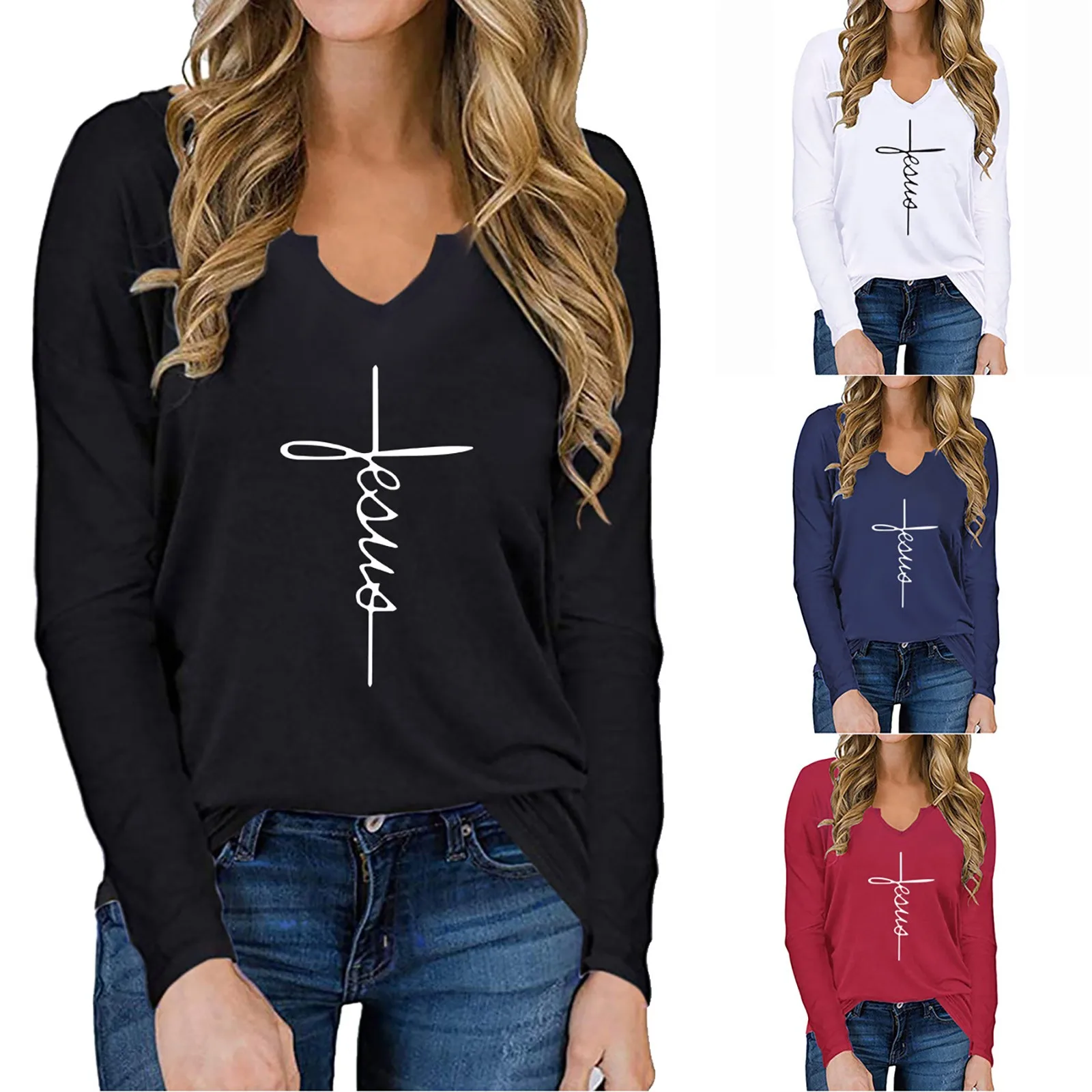 

2021 spring Fashion Street V-neck Print Long Sleeve T-shirt Long Sleeve Loose Top t-shirt Fashion tees tops