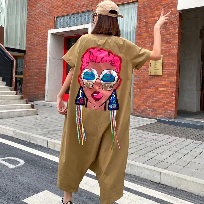 Women's jumpsuit Europe station loose overalls overalls female cartoon patch contrast color Harlan jumpsuit