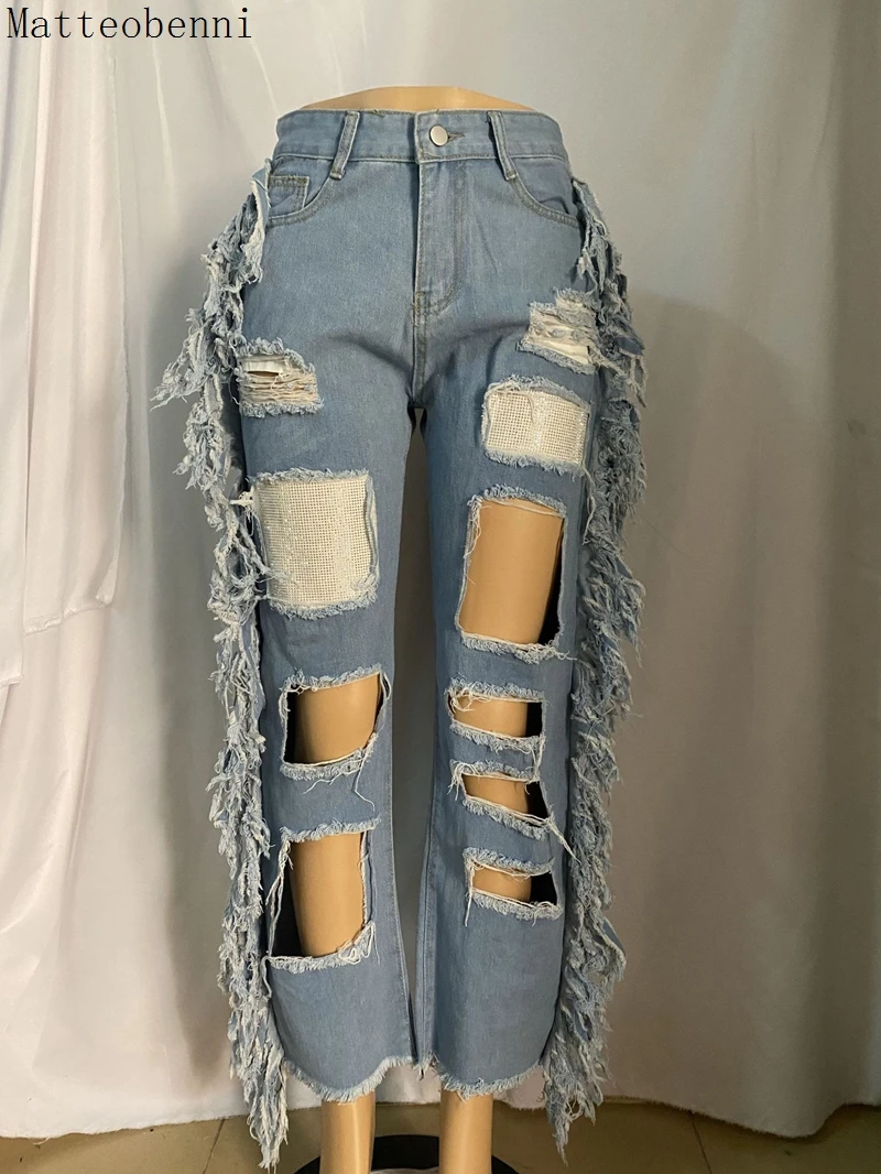 High Waist Straight Baggy Jeans Pant For Women Streetwear Loose Lady Sexy Tassel Ripped Hole Denim Boyfriend 2020 | Женская одежда