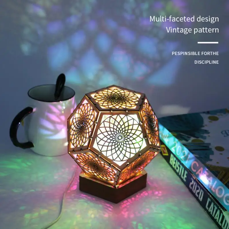 

Wooden LED Projection Night Light Bohemian Colorful Projector Desk Lamp Household Holiday Party Atmosphere Lighting Decor