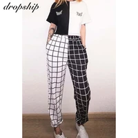 2021 spring womens elastic high waist black and white checker contrast color cargo pants women streetwear long plaid pants