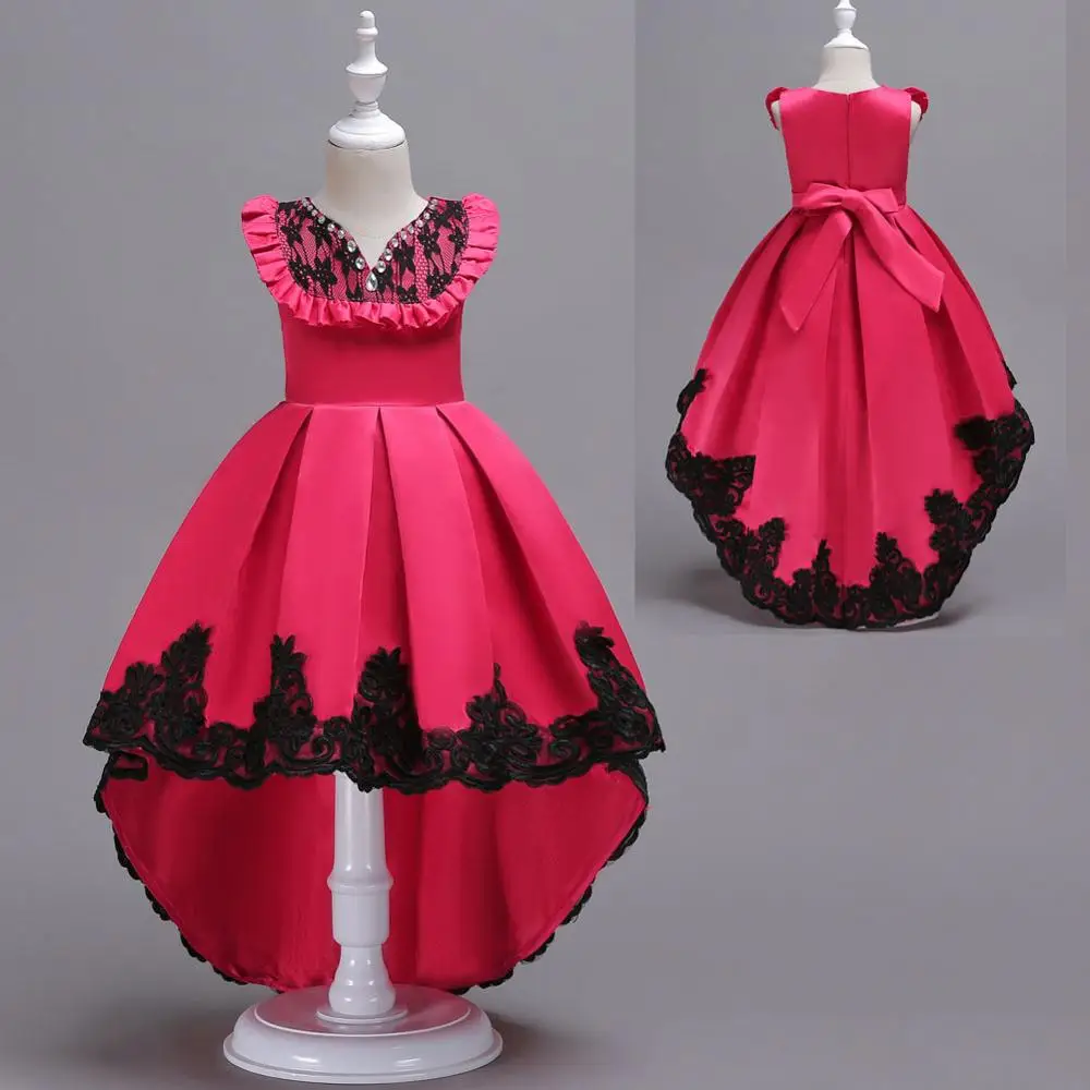 fuchsia Кружевное платье длиной до середины икры с жемчужным поясом; Одежда для девочек; вечерние платья принцессы для девочек; цвет красный, бежевый, синий, черный; асимметричное платье для выпускного вечера - Цвет: fuchsia