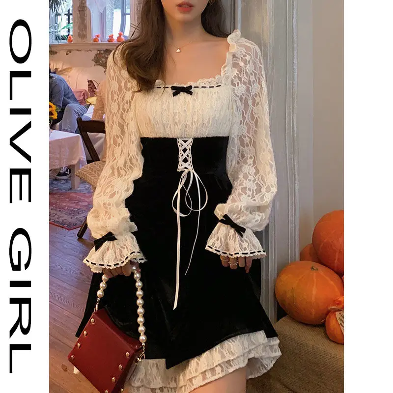

2021 French Vintage Skater Dress Women Spring Casual Kawaii Lace Slim Dress Korean Elegant Retro Fairy Dress Female Cute Chic