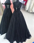 Женское длинное вечернее платье, черное ТРАПЕЦИЕВИДНОЕ ПЛАТЬЕ С V-образным вырезом и блестками, расшитое бисером, для выпускного вечера