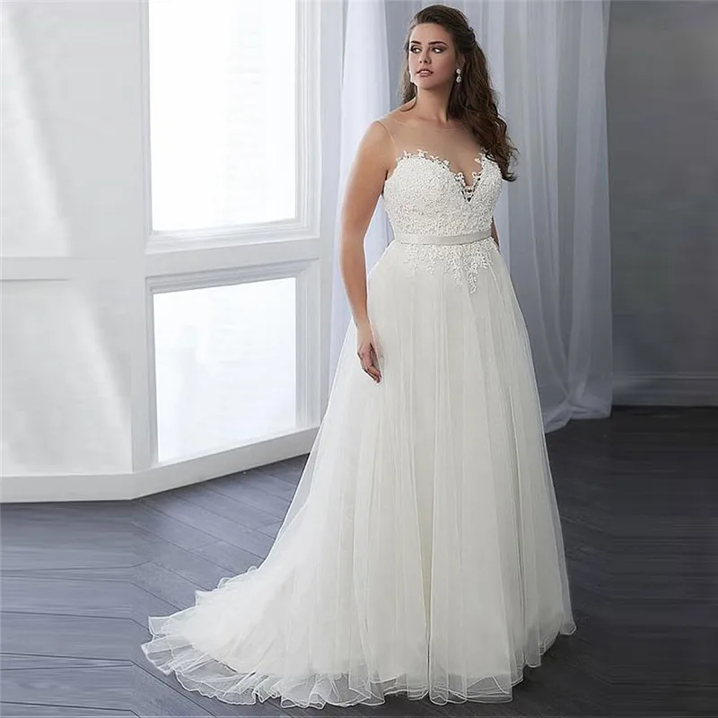

Sheer Scoop Plus Size A Line Wedding Dresses Women Lace Up Back Lace Appliques Bridal Gowns 2020 Sleeveless Custom Made