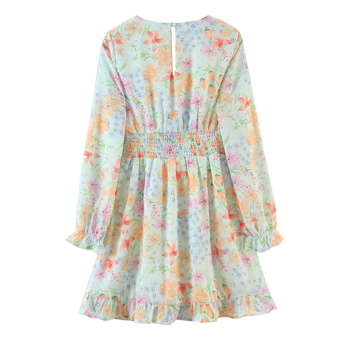 

Jastie 2021 Bohemian Women Dresses Floral Print Long-Sleeve Elastic Waist V-Neck Ruffled Mini Dress Summer Beach Party Dress