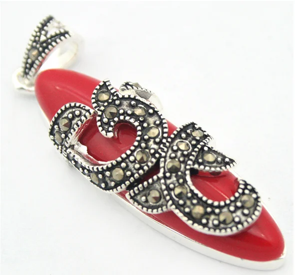 Винтажные 925 пробы серебро натуральный красный коралл падения марказит кулон 45X12