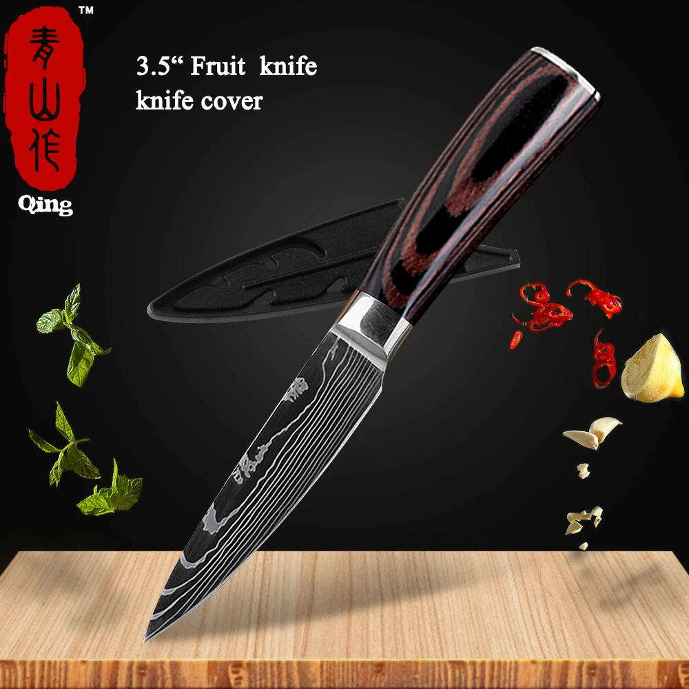 3.5 paring knife Qing набор кухонных ножей лазерный дамасский узор высокоуглеродистая Нержавеющая сталь антипригарный фруктовый сантоку универсальный нож для хлеба - Цвет: 3.5 paring knife