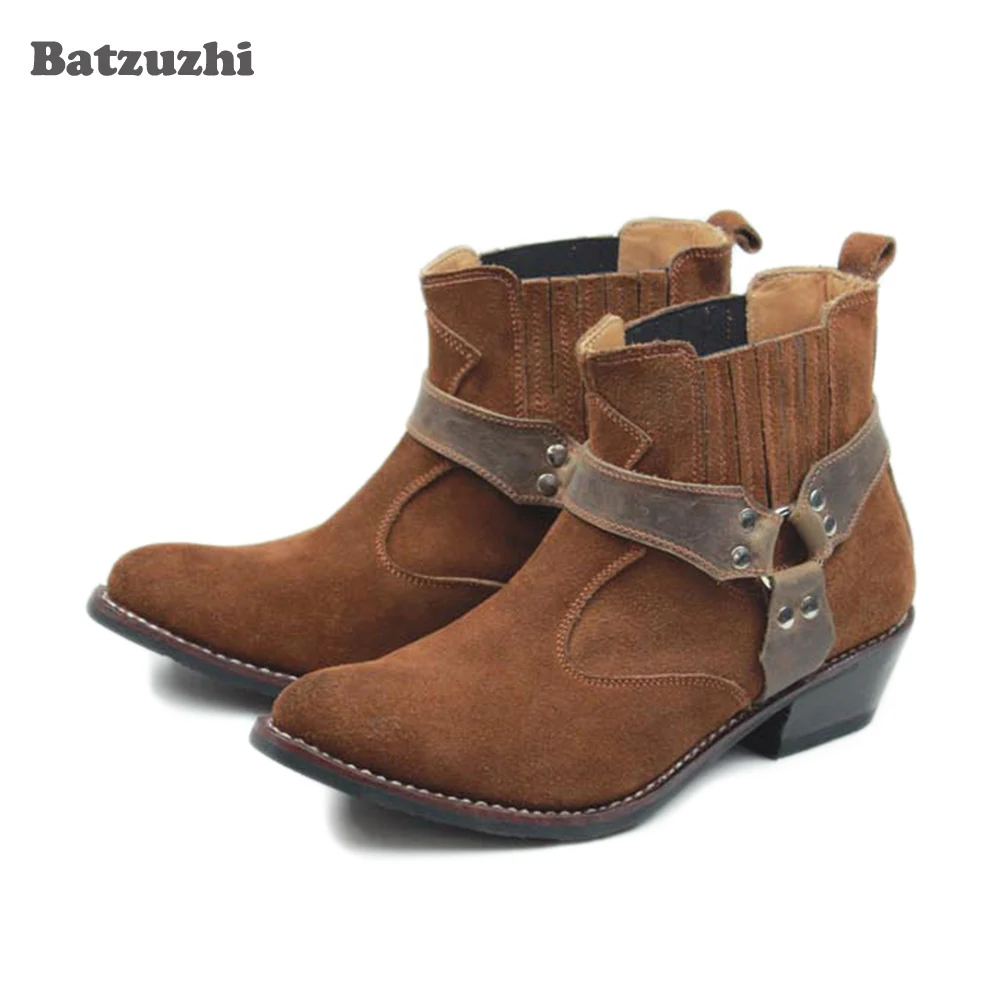 Pointed Toe Cowhilde Genuine Leather Ankle Men Boots Super Cool Western Cowboy Boots Men Brown Suede Buckle Motorcycle Boots Men