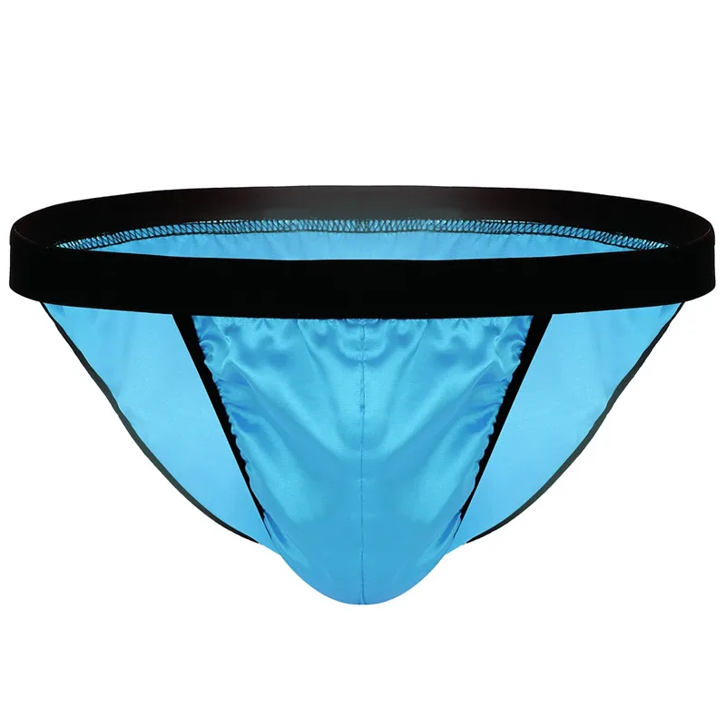 Light Blue Мужское нижнее белье с высокой посадкой, мягкий блестящий атлас, низкая посадка, бикини, стринги, нижнее белье, сексуальные мужские трусы-танга - Цвет: Light Blue