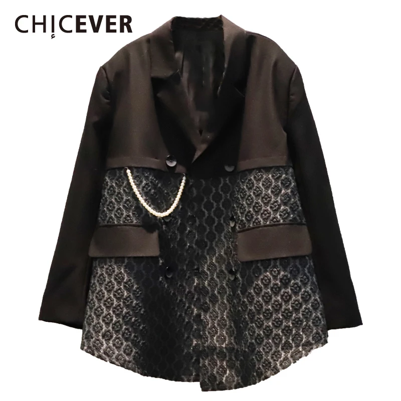 

CHICEVER High Street Blazers For Women Lapel Patchwork Pearls Chain Long Sleeve Colorblock Coats Female 2021 Autumn Clothing New