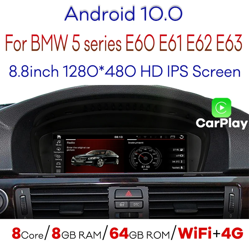 Автомобильный мультимедийный плеер 8 ядер Android 10 + 128G GPS радио для BMW 5 серии E60 E61 E62