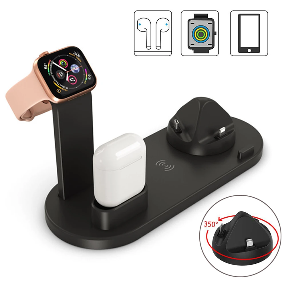 Беспроводное зарядное устройство QI 10 Вт док-станция 6 в 1 для Apple Watch 5 4 3 2 iPhone AirPods Pro