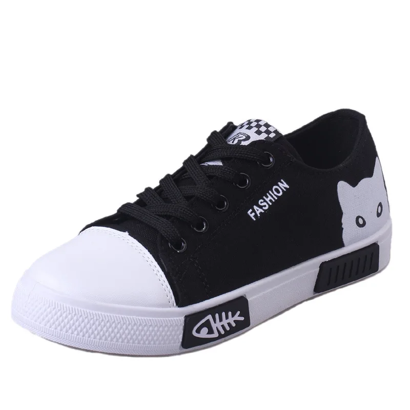 

2020 Casual Women Shoes Women Flats Canvas Shoes Fashion Women Sneakers Lace Up Cartoon Ladies Shoes Black White Female Shoes