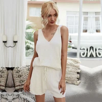 knitted solid color v neck sleeveless vest womens suit vacation beach wide leg shorts womens suit womens suit summer new