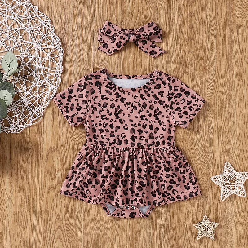 

0-18M Newborn Baby Girl Short Sleeve Leopard Skirted Romper Jumpsuit Headband 2PCS Outfits Summer Clothes