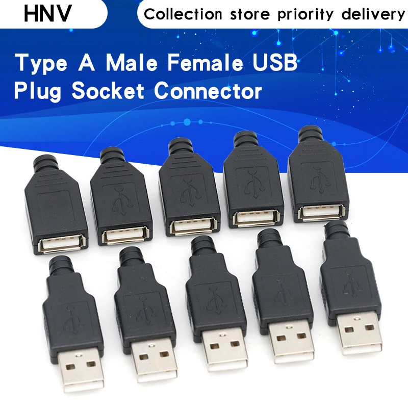 HNV 10 шт. Штекерный разъем USB Type A 4 контакта с черной пластиковой крышкой наборы для