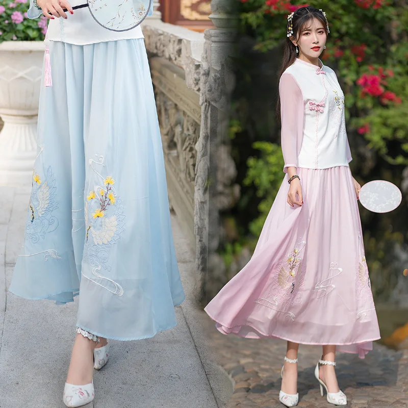 

national wind embroidered double chiffon dress elastic waist fairy skirts and elegant dress to improve daily hanfu