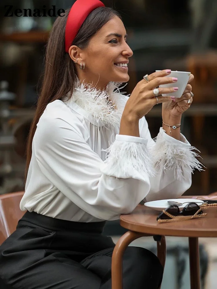 Женская блузка с перьями Zenaide Элегантная черная Городская рубашка длинным