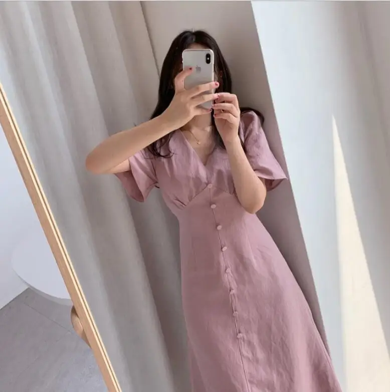 

2021 Summer Women's Clothing Korean Temperament Waist Slimming Dress V-Neck Retro Knee-Length Mid-Length Ladies Bellflower Skirt