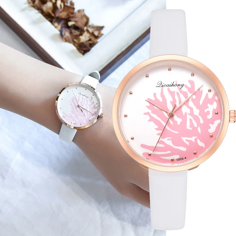 Модные женские часы с цветочным циферблатом кожаный ремешок Кварцевые наручные повседневные для девушек