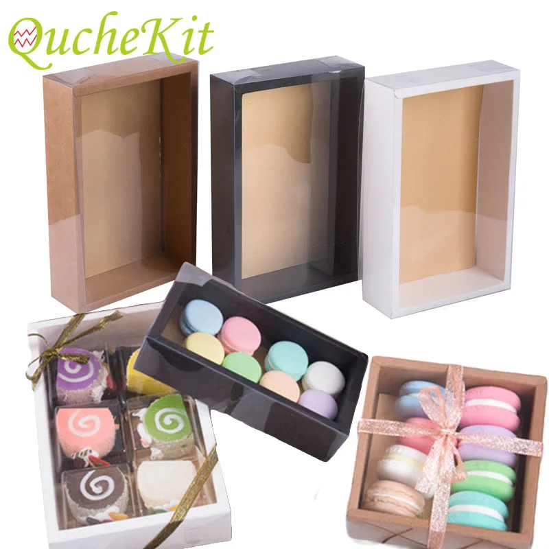 10Pcs Kraft Gift Box Clear PVC Window Macaron Cookie Candy Cake Packaging Box With Transparent Lid Christmas Wedding Party Favor