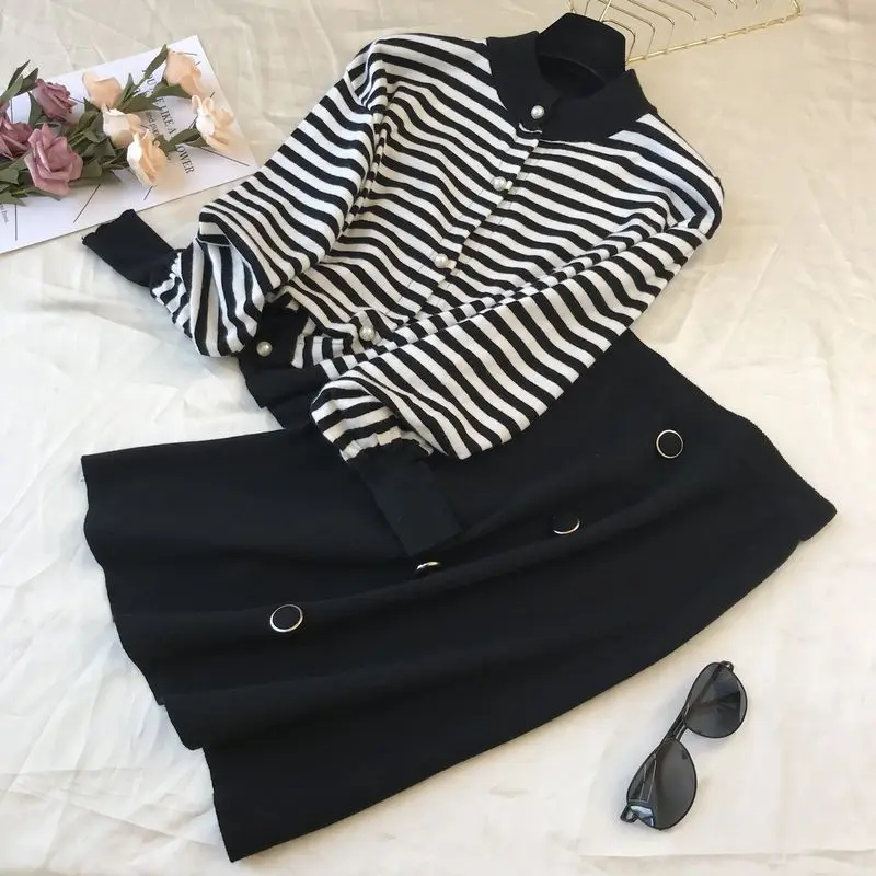 Neploe, маленький аромат, Chandal Mujer, винтажный, для взрослых, полосатый, вязаный, Женский комплект, Осень-зима, короткий кардиган+ широкие штаны, 46470