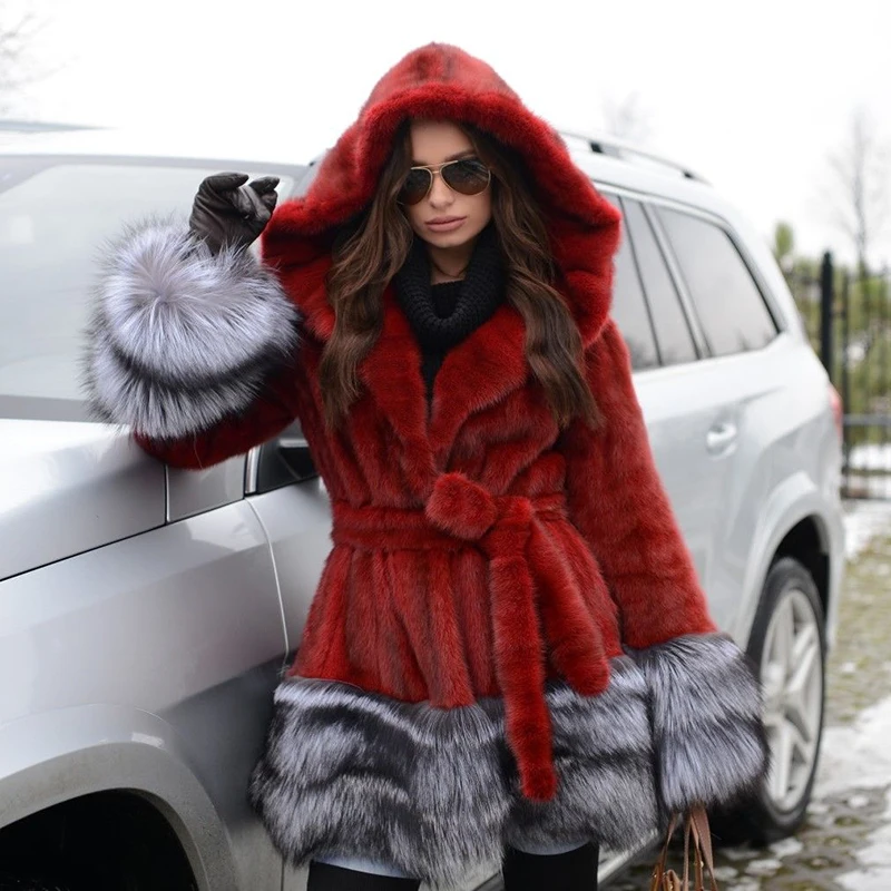 

Fashion Women Real Mink Fur Coats With Hood Natural Long Mink Fur Coat With Silver Fox Fur Sleeve Cuffs And Bottom Overcoats