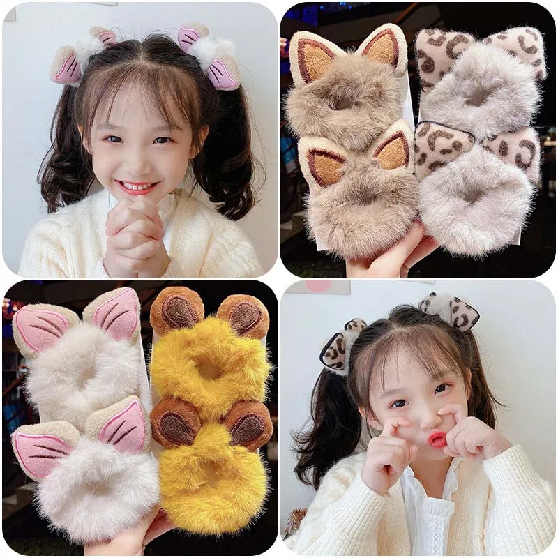 

CN Carton Animals Ears Plush Headband For Women Girls Candy Color Ponytail Holder Hair Rubber Bands Fashion Hair Accessories